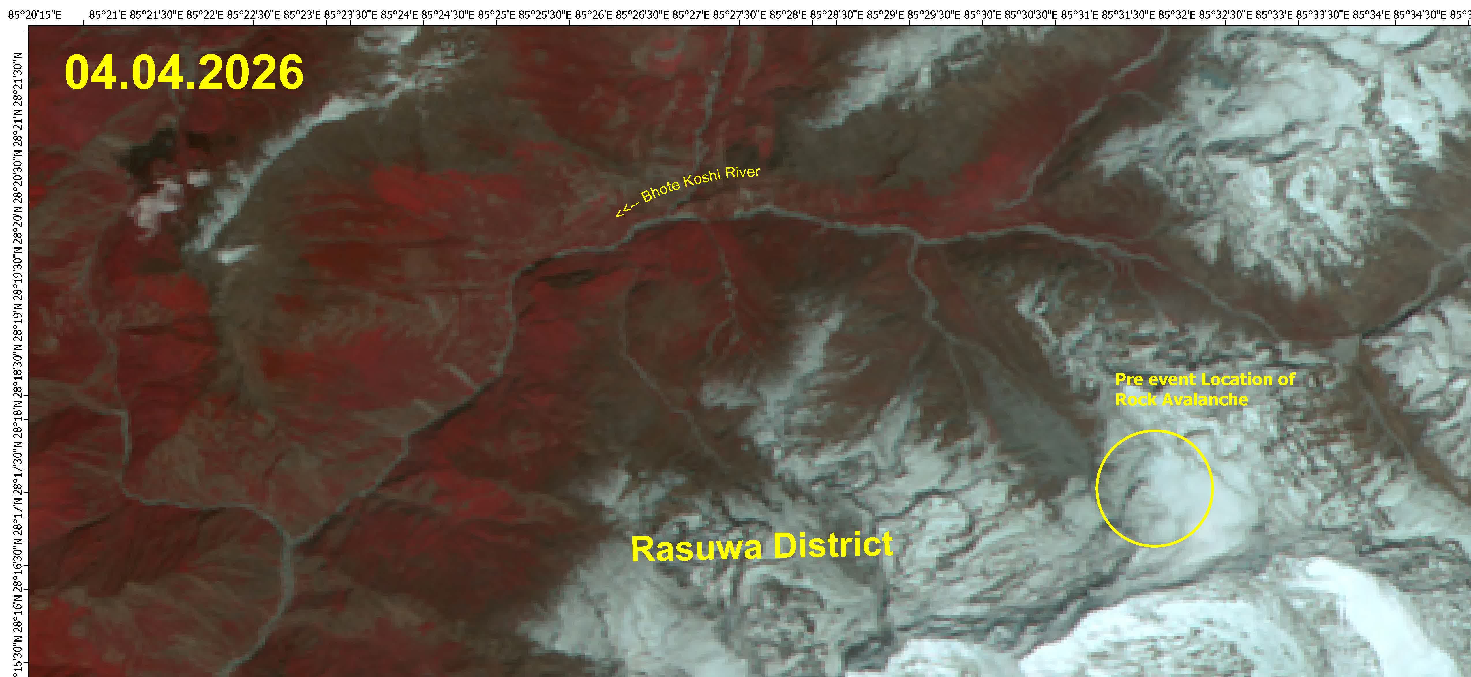 热索桥 Rasuwagadhi 灾前卫星影像，口岸与河道仍可辨